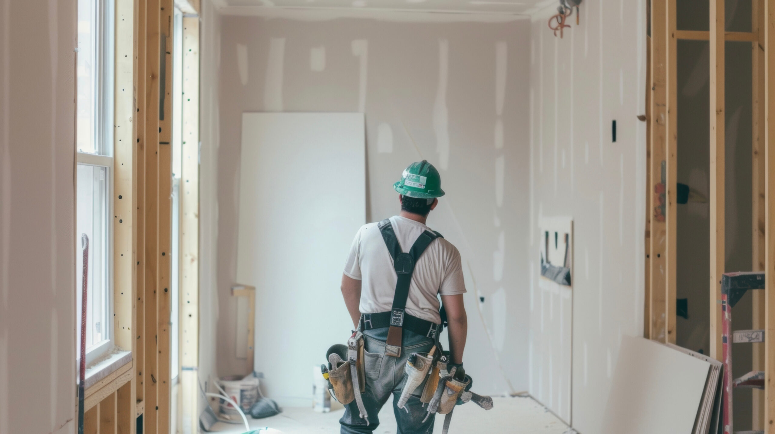 Working efficiently and with precision the drywall installers expertly install new panels and flawlessly blend them into existing walls for a seamless finish in a home offic